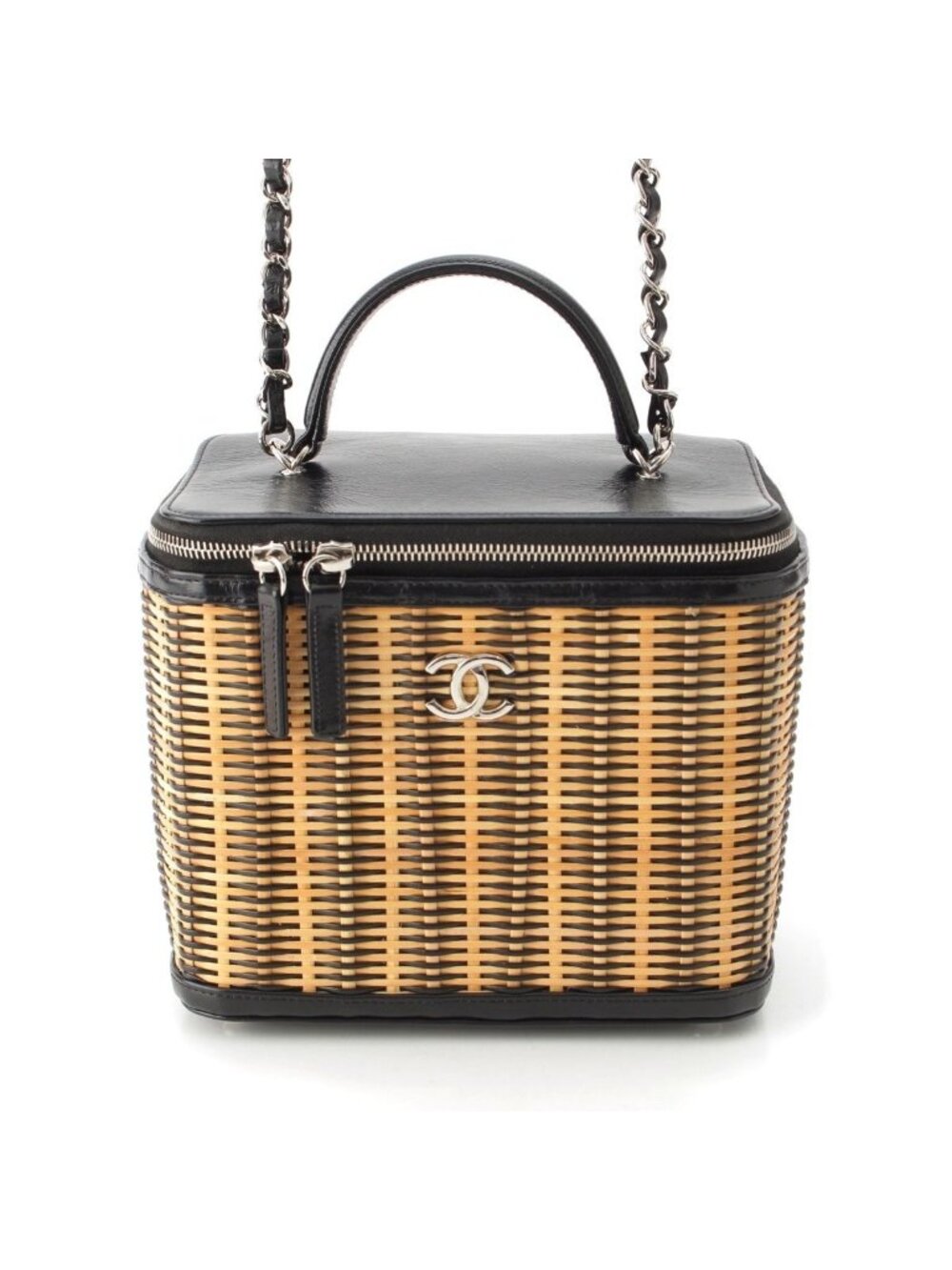 Chanel Rattan Leather CC Logo 2-Way Vanity Shoulder Bag Black Beige